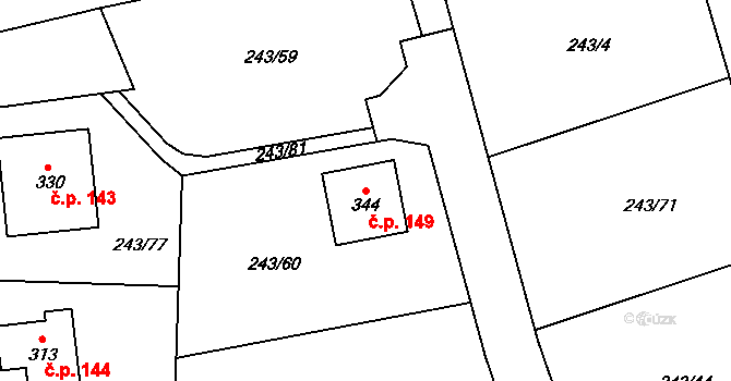 Bubovice 149 na parcele st. 344 v KÚ Bubovice, Katastrální mapa