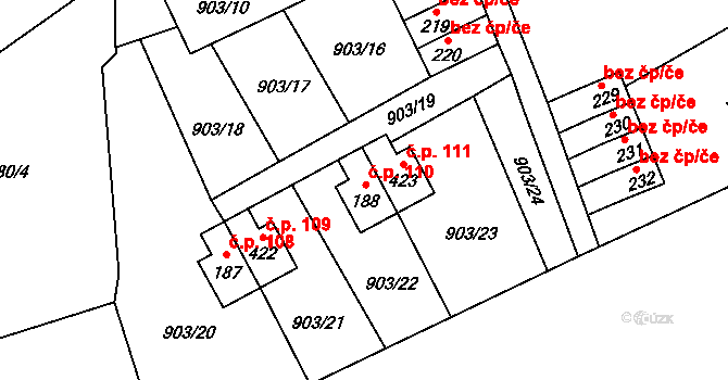 Domoradice 110, Český Krumlov na parcele st. 188 v KÚ Přísečná-Domoradice, Katastrální mapa