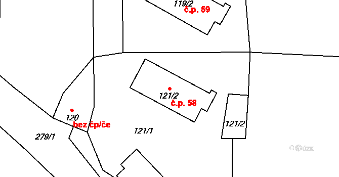 Kněžice 58, Podbořany na parcele st. 121/2 v KÚ Kněžice u Podbořan, Katastrální mapa