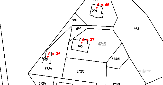 Brusné 37 na parcele st. 165 v KÚ Brusné, Katastrální mapa