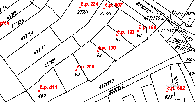 Bystřice pod Hostýnem 199 na parcele st. 92 v KÚ Bystřice pod Hostýnem, Katastrální mapa