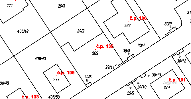 Počaply 135, Sezemice na parcele st. 309 v KÚ Počaply nad Loučnou, Katastrální mapa