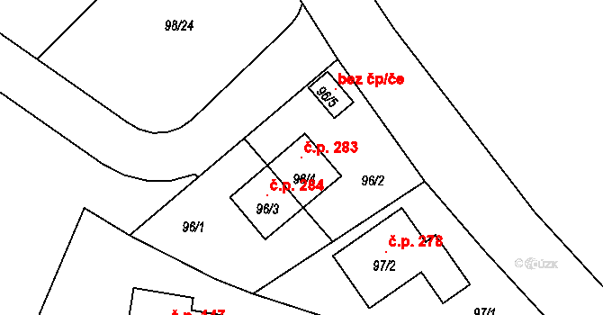 Benice 283, Praha na parcele st. 96/4 v KÚ Benice, Katastrální mapa