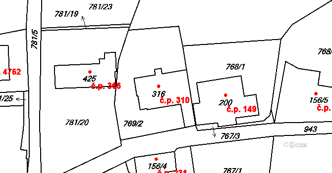 Kokonín 310, Jablonec nad Nisou na parcele st. 316 v KÚ Kokonín, Katastrální mapa