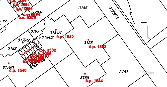 Jihlava 1543 na parcele st. 3186 v KÚ Jihlava, Katastrální mapa