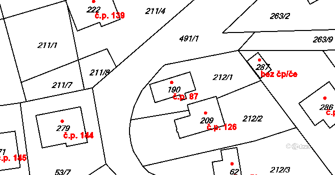 Vonoklasy 87 na parcele st. 190 v KÚ Vonoklasy, Katastrální mapa