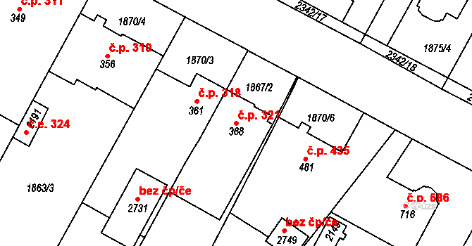 Tišnov 321 na parcele st. 368 v KÚ Tišnov, Katastrální mapa