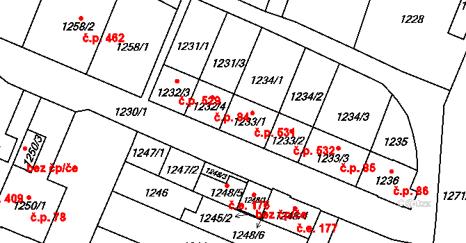 Zastávka 531 na parcele st. 1233/1 v KÚ Zastávka, Katastrální mapa