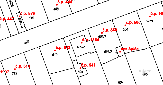 Úvaly 1384 na parcele st. 609/2 v KÚ Úvaly u Prahy, Katastrální mapa