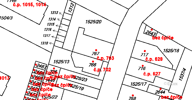 Třebechovice pod Orebem 703 na parcele st. 767 v KÚ Třebechovice pod Orebem, Katastrální mapa