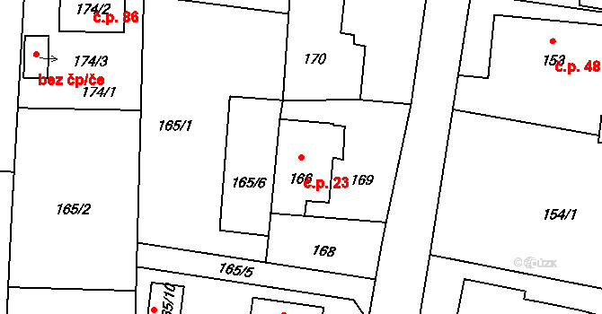 Konětopy 23, Milín na parcele st. 166 v KÚ Konětopy u Příbramě, Katastrální mapa