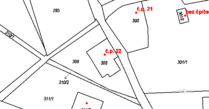 Okrouhlá 22 na parcele st. 308 v KÚ Okrouhlá u Nového Boru, Katastrální mapa