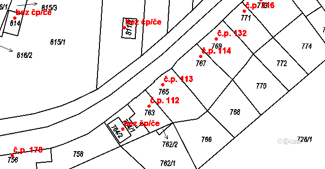 Miřetice u Klášterce nad Ohří 113, Klášterec nad Ohří na parcele st. 765 v KÚ Miřetice u Klášterce nad Ohří, Katastrální mapa