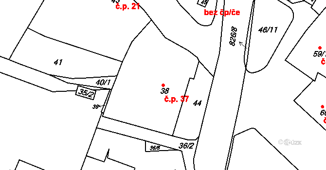 Jehnice 37, Brno na parcele st. 38/3 v KÚ Jehnice, Katastrální mapa