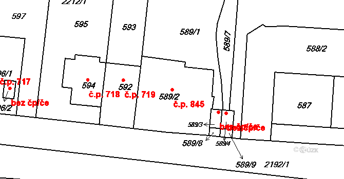 Střešovice 845, Praha na parcele st. 589/2 v KÚ Střešovice, Katastrální mapa