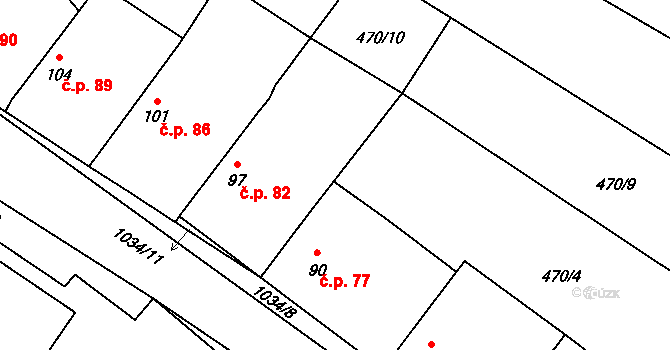 Břežany II 77 na parcele st. 90 v KÚ Břežany II, Katastrální mapa