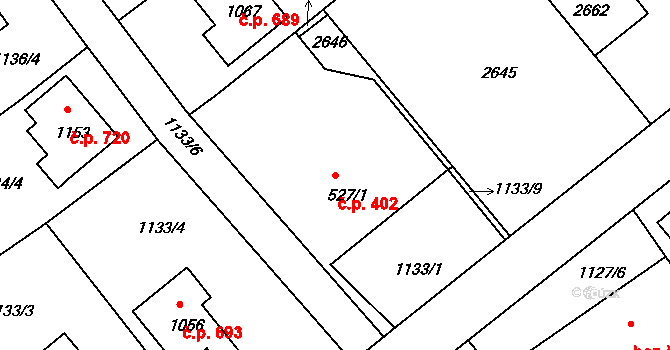 Rožmitál pod Třemšínem 402 na parcele st. 527/1 v KÚ Rožmitál pod Třemšínem, Katastrální mapa