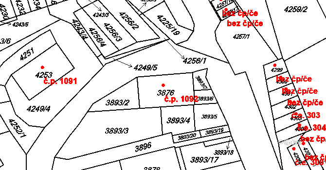 Jirkov 1092 na parcele st. 3876 v KÚ Jirkov, Katastrální mapa