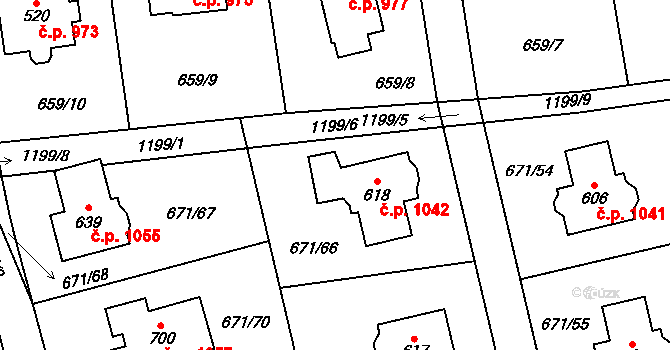 Hlubočinka 1042, Sulice na parcele st. 618 v KÚ Sulice, Katastrální mapa