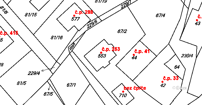 Řitka 253 na parcele st. 553 v KÚ Řitka, Katastrální mapa