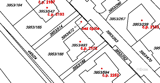 Řečkovice 2172, Brno na parcele st. 3953/483 v KÚ Řečkovice, Katastrální mapa