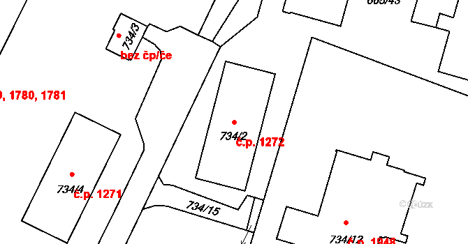 Benešov 1272 na parcele st. 734/2 v KÚ Benešov u Prahy, Katastrální mapa