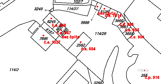 Cheb 554 na parcele st. 2562 v KÚ Cheb, Katastrální mapa
