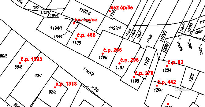 Hluk 265 na parcele st. 1196 v KÚ Hluk, Katastrální mapa