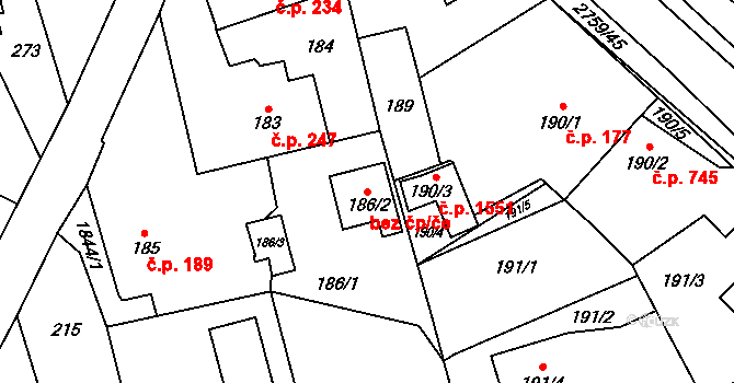 Opava 48027499 na parcele st. 186/2 v KÚ Kylešovice, Katastrální mapa