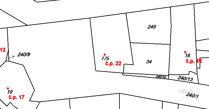 Klenovka 22, Přelouč na parcele st. 175 v KÚ Klenovka, Katastrální mapa