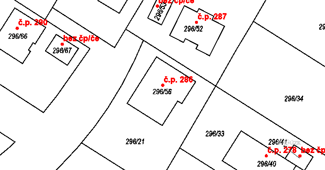 Strupčice 286 na parcele st. 296/56 v KÚ Strupčice, Katastrální mapa
