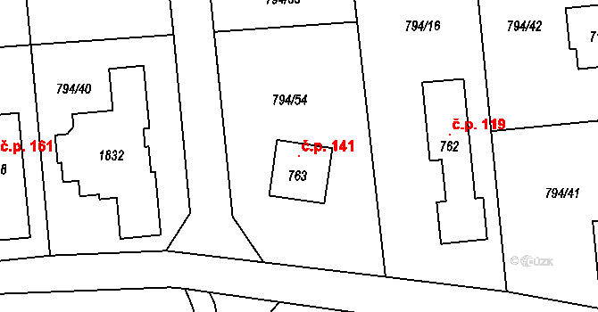 Halouny 141, Svinaře na parcele st. 763 v KÚ Svinaře, Katastrální mapa