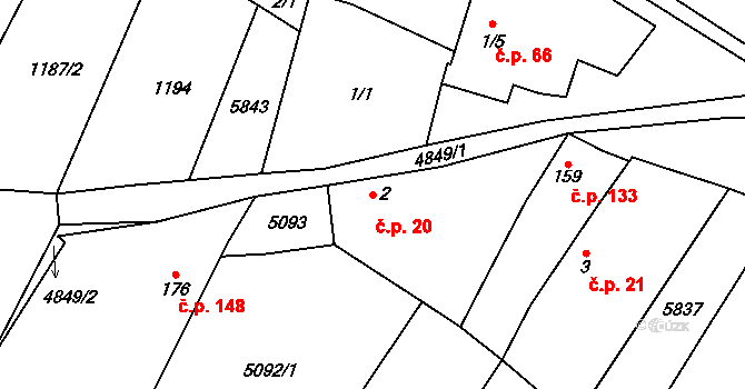 Jamolice 20 na parcele st. 2 v KÚ Jamolice, Katastrální mapa