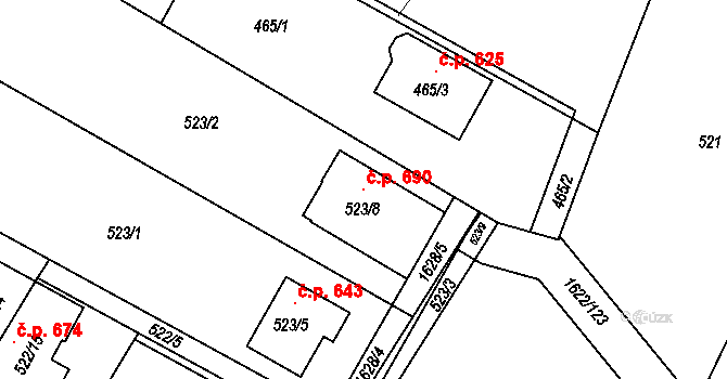 Štípa 690, Zlín na parcele st. 523/8 v KÚ Štípa, Katastrální mapa