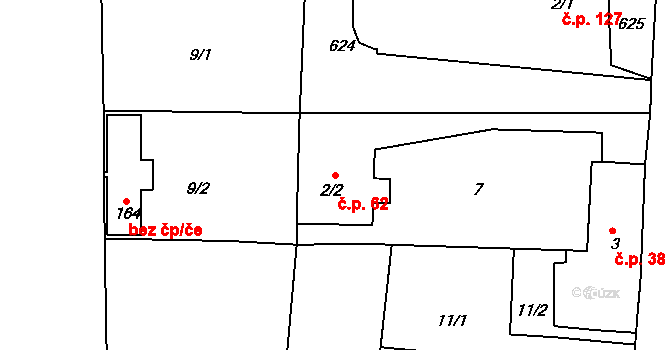 Chvalovice 62, Kovanice na parcele st. 2/2 v KÚ Chvalovice u Nymburka, Katastrální mapa
