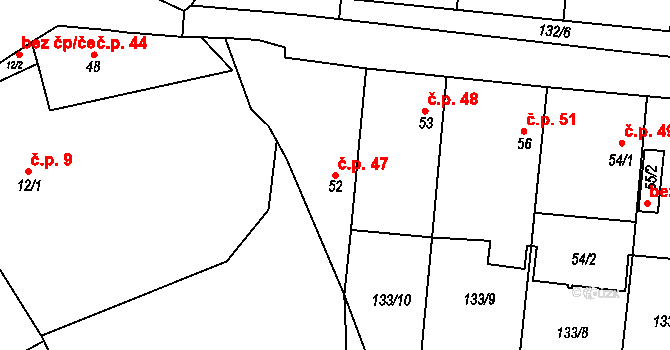 Všechlapy 47 na parcele st. 52 v KÚ Všechlapy u Nymburka, Katastrální mapa