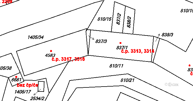 Jablonecké Paseky 3313,3314, Jablonec nad Nisou na parcele st. 837/1 v KÚ Jablonecké Paseky, Katastrální mapa