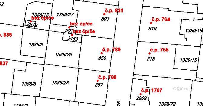 Nymburk 789 na parcele st. 858 v KÚ Nymburk, Katastrální mapa