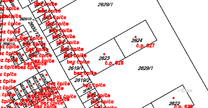 Lyžbice 628, Třinec na parcele st. 2623 v KÚ Lyžbice, Katastrální mapa