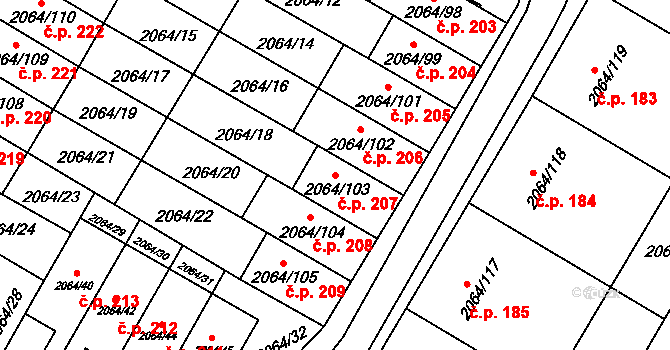 Brňany 207, Vyškov na parcele st. 2064/103 v KÚ Vyškov, Katastrální mapa