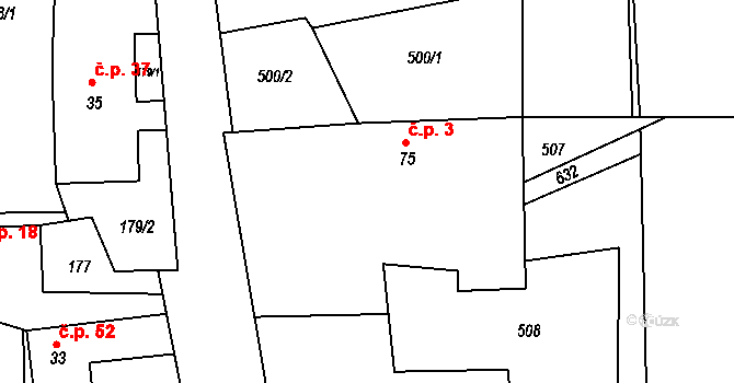 Rudíkovy 3, Třemešná na parcele st. 75 v KÚ Rudíkovy, Katastrální mapa