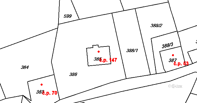Železná 147, Vrbno pod Pradědem na parcele st. 385 v KÚ Železná pod Pradědem, Katastrální mapa