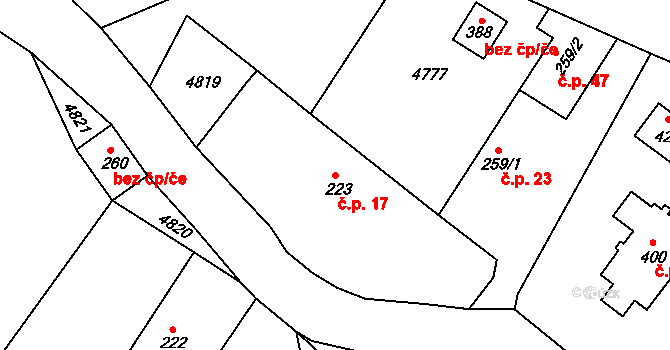 Buková Lhota 17, Benešov na parcele st. 223 v KÚ Úročnice, Katastrální mapa