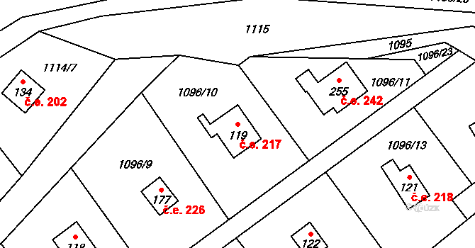 Měřín 217, Rabyně na parcele st. 119 v KÚ Blaženice, Katastrální mapa