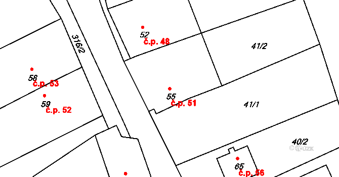 Popovice 51, Brandýs nad Labem-Stará Boleslav na parcele st. 55 v KÚ Popovice u Brandýsa nad Labem, Katastrální mapa