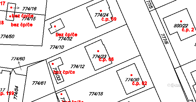 Nová Ves nad Lužnicí 66 na parcele st. 774/23 v KÚ Nová Ves nad Lužnicí, Katastrální mapa