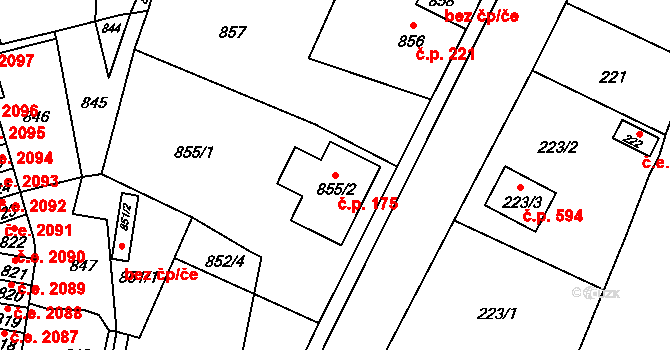 Hlubočky 175 na parcele st. 855/2 v KÚ Hlubočky, Katastrální mapa