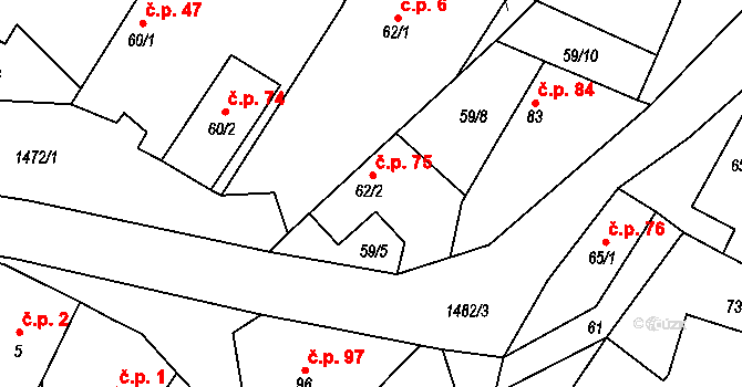 Prackovice nad Labem 75 na parcele st. 62/2 v KÚ Prackovice nad Labem, Katastrální mapa