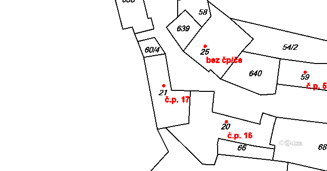 Miletice 17, Dlažov na parcele st. 21 v KÚ Miletice u Dlažova, Katastrální mapa