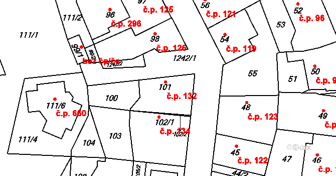 Nebušice 132, Praha na parcele st. 101 v KÚ Nebušice, Katastrální mapa